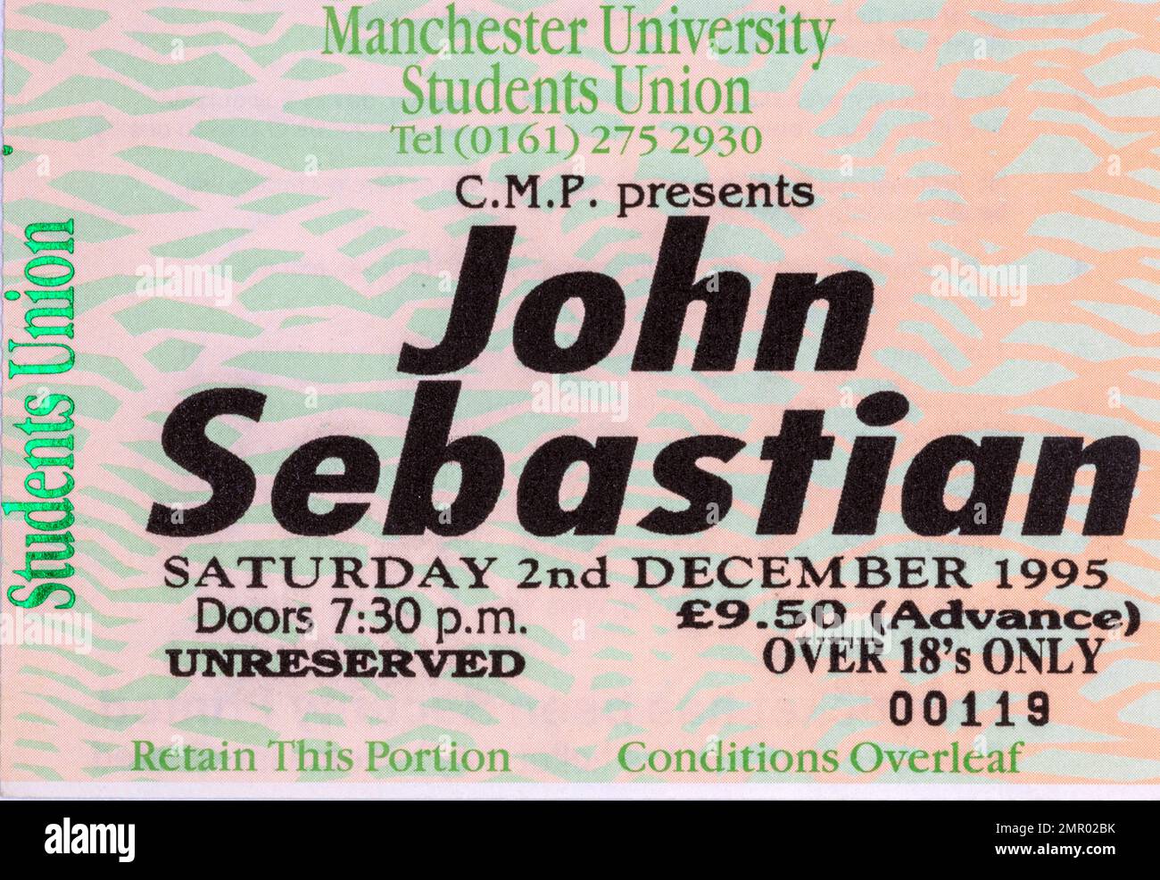 John Sebastian, Manchester University Student union, 2 December 1995, Concert Ticket Stubs, Music Concert Memorabilia , Manchester, England, UK Stock Photo