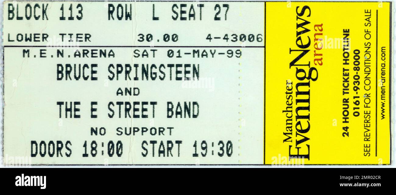 Bruce Springsteen and The E Street Band, 01 May 1999, MEN Arena, Concert Ticket Stubs, Music Concert Memorabilia , Manchester, England, UK Stock Photo