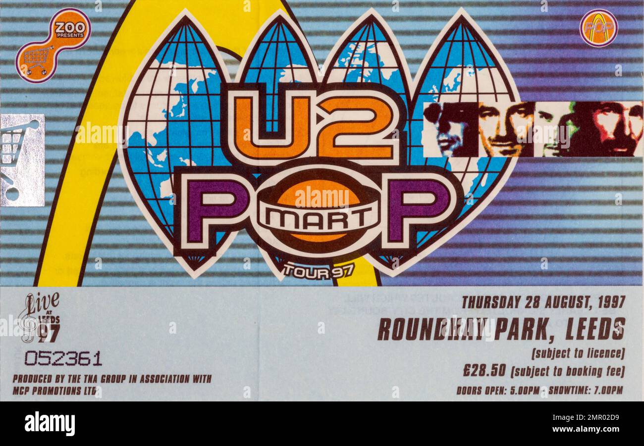 U2 POP Mart Tour 1997, Leeds,  28 August 1997, Concert Ticket Stubs, Music Concert Memorabilia , Stock Photo