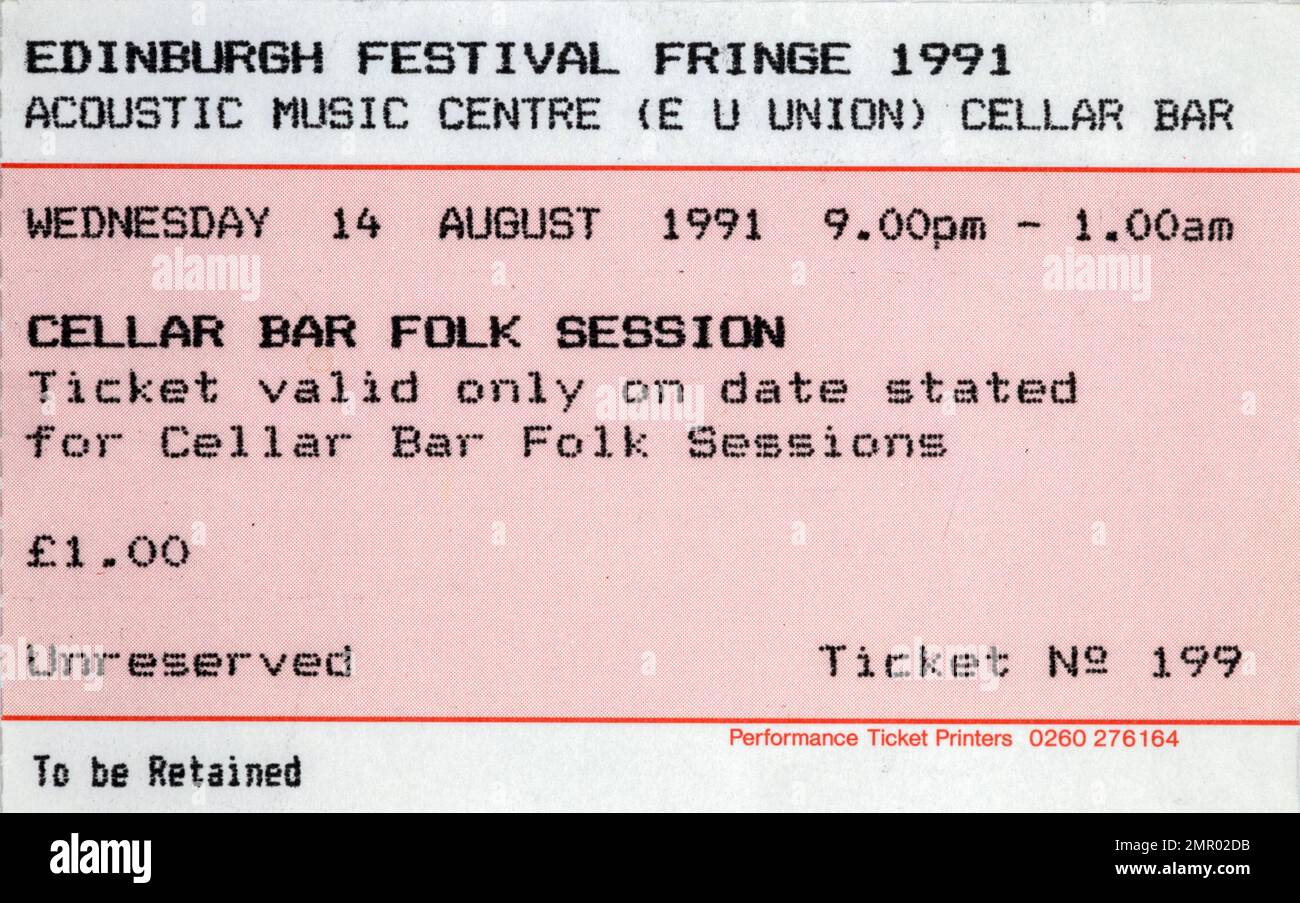 Edinburgh Festival Fringe 1991, Cellar Bar Folk Session, Concert Ticket Stubs, Music Concert Memorabilia , Stock Photo