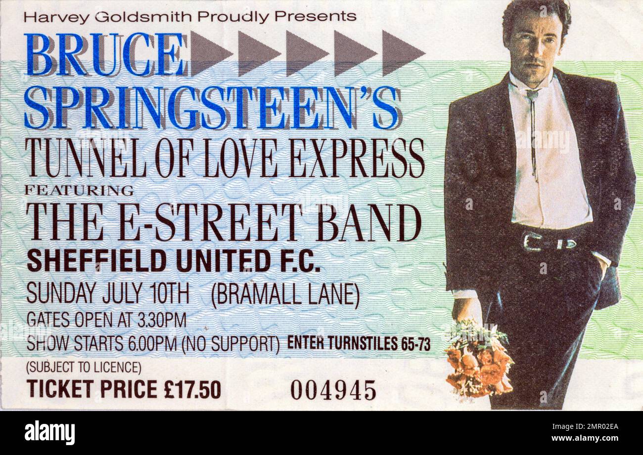 Bruce Springsteen The E-Street Band,, Tunnel of Love Express, Sheffield, 10 July 1988, Concert Ticket Stubs, Music Concert Memorabilia , Stock Photo