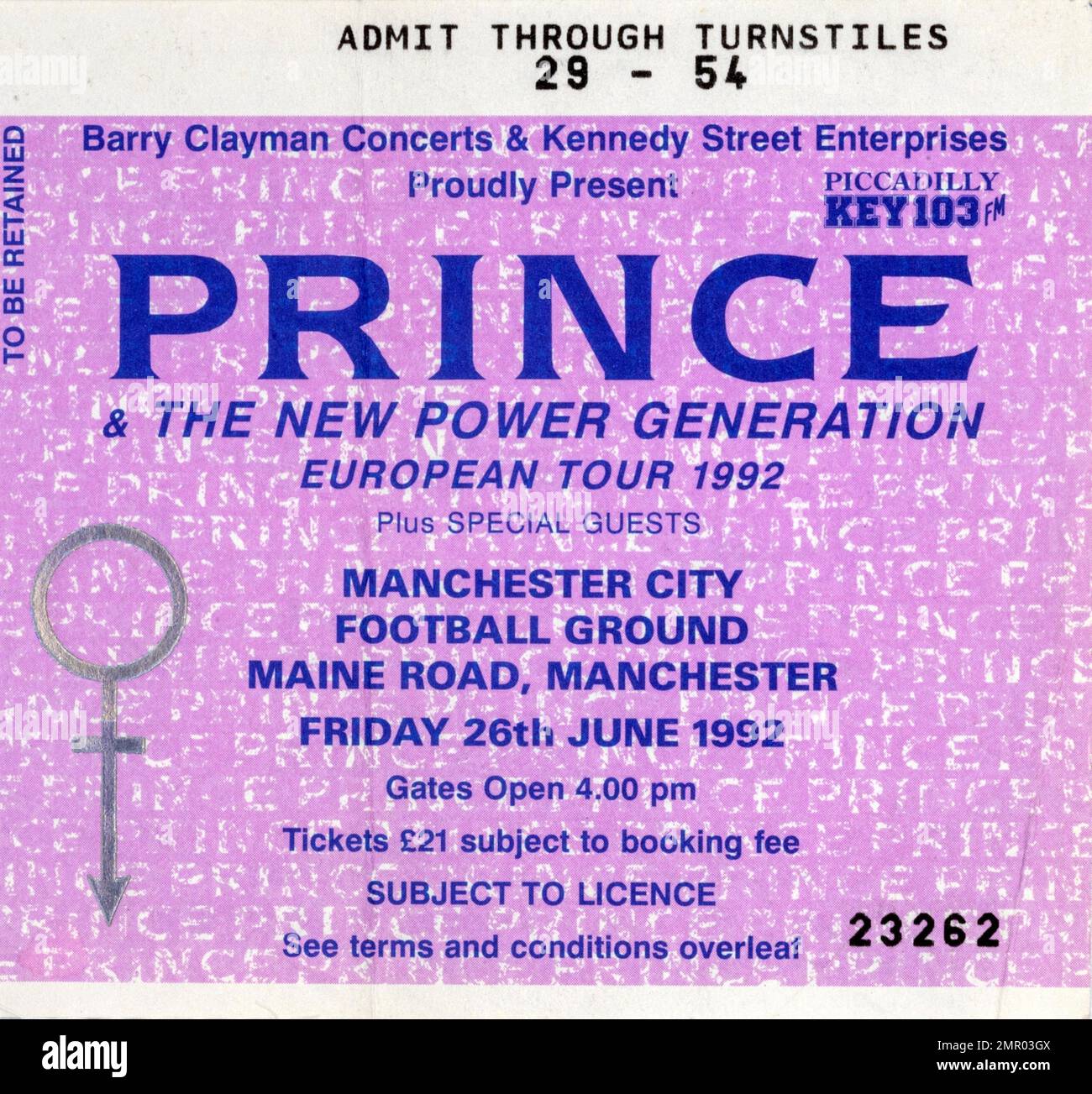 Prince & The New Power Generation, European Tour 1992, Manchester City, 26 June 1992, Concert Ticket Stubs, Music Concert Memorabilia , Stock Photo