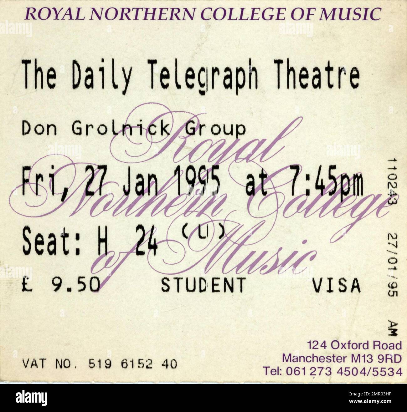 Don Grolnick Group, 27 January 1995, Manchester,  Concert Ticket Stubs, Music Concert Memorabilia , Stock Photo