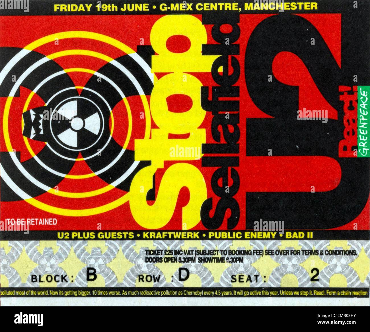 U2 Stop Sellafield Concert 19 June 1992, Ticket Stubs, Music Concert Memorabilia , Manchester, England, UK Stock Photo