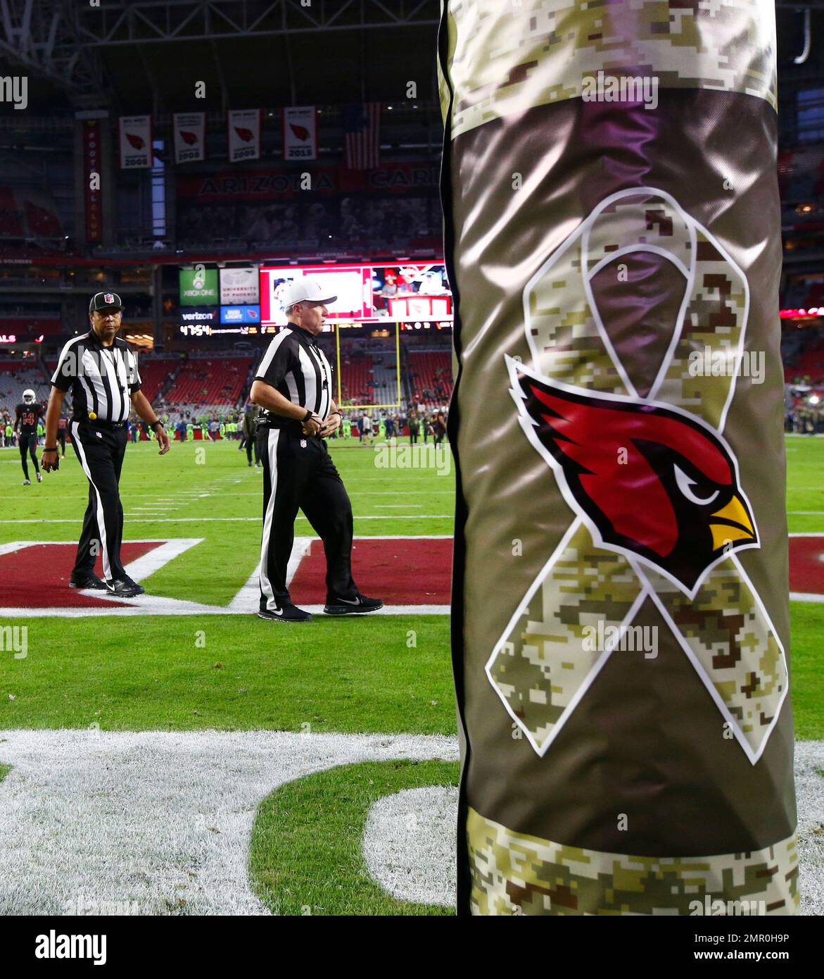 The goal post wrapped in Salute To Service theme is shown before