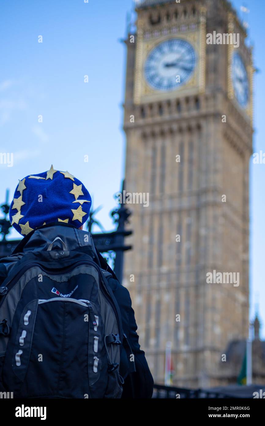 London, UK – 31 Jan. 2023: As today marks the third anniversary of Brexit, some anti-Brexit protesters demonstrated outside of Parliament, asking MPs to rejoin the EU. Credit: Sinai Noor/Alamy Live News Stock Photo