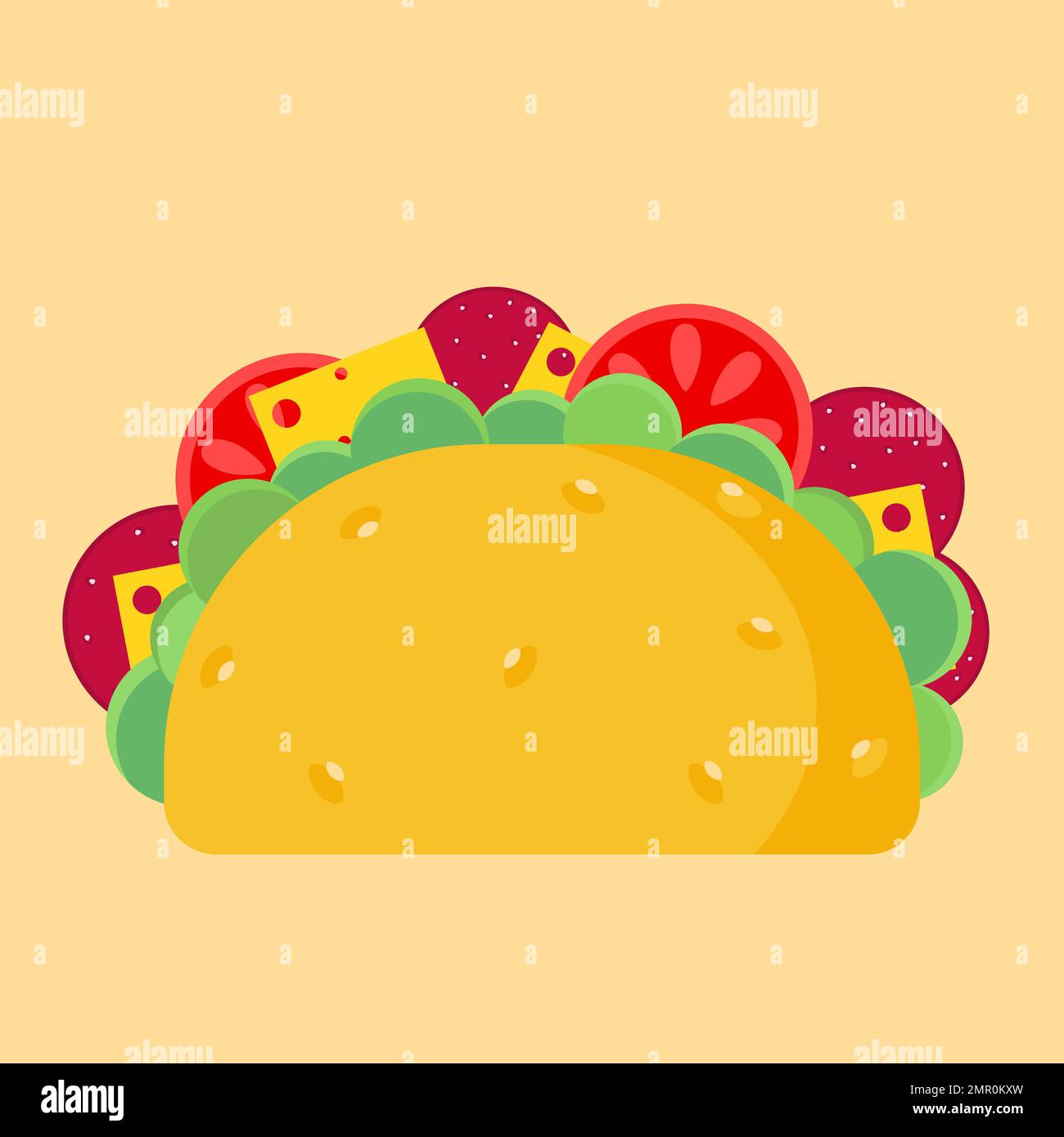 Delicious vector tacos with cheese and vegetables and sausage on yellow ...