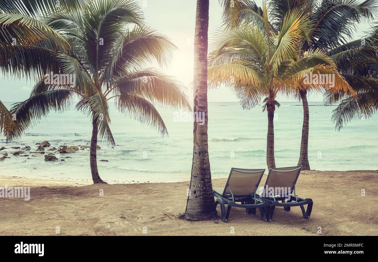 Retro toned picture of an empty tropical beach, travel concept. Stock Photo