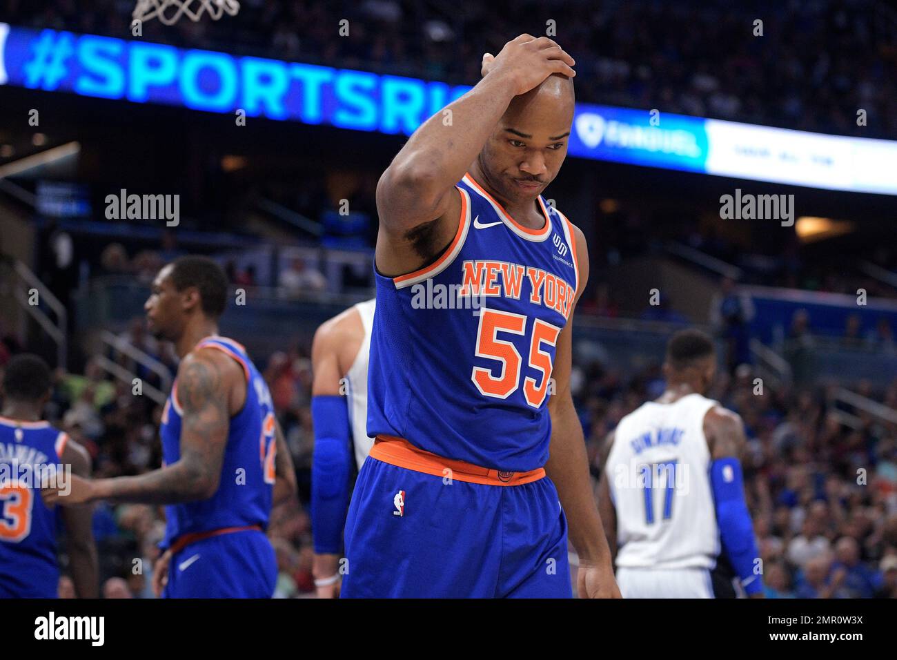 New York Knicks guard Jarrett Jack (55) reacts after a basket by Orlando  Magic forward Jonathon Simmons (17) during the second half of an NBA  basketball game Wednesday, Nov. 8, 2017, in