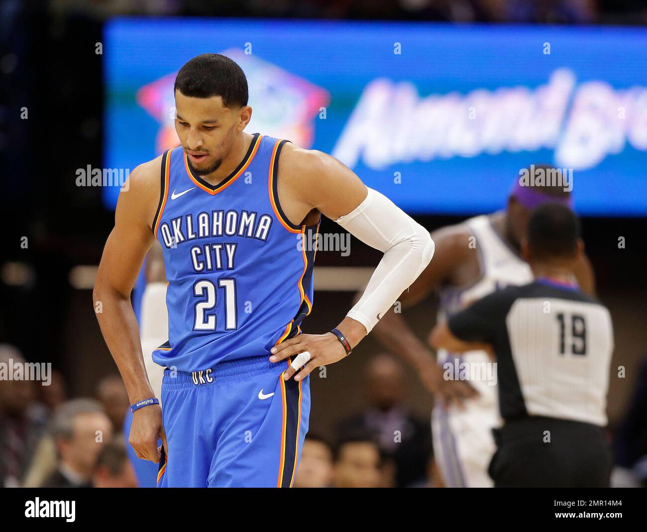 Oklahoma City Thunder guard Andre Roberson walks down court during