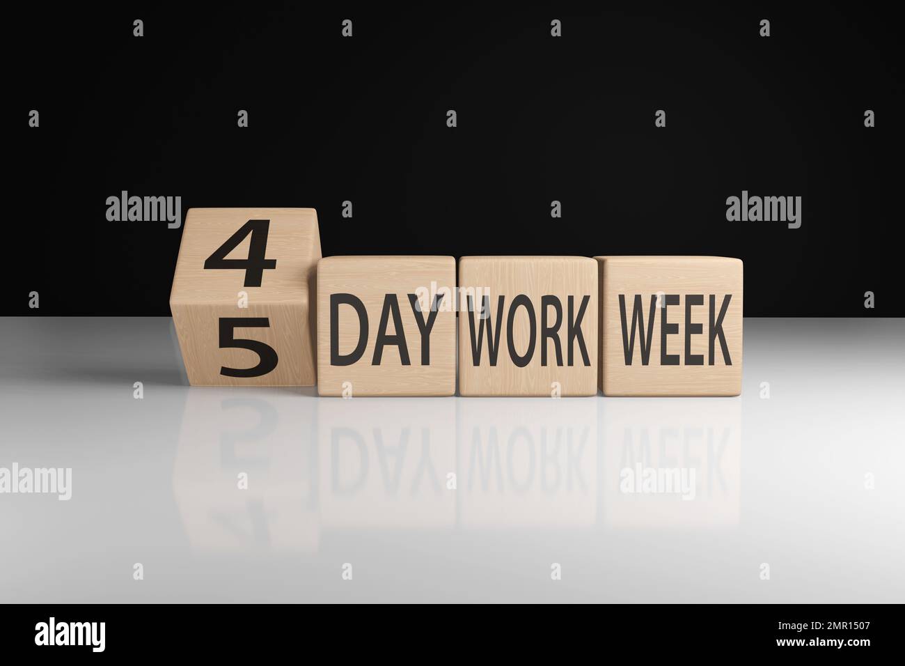 Wooden blocks showing the term 4-day work week. Illustration of the concept of the trend and widespread of 4 working days per week Stock Photo