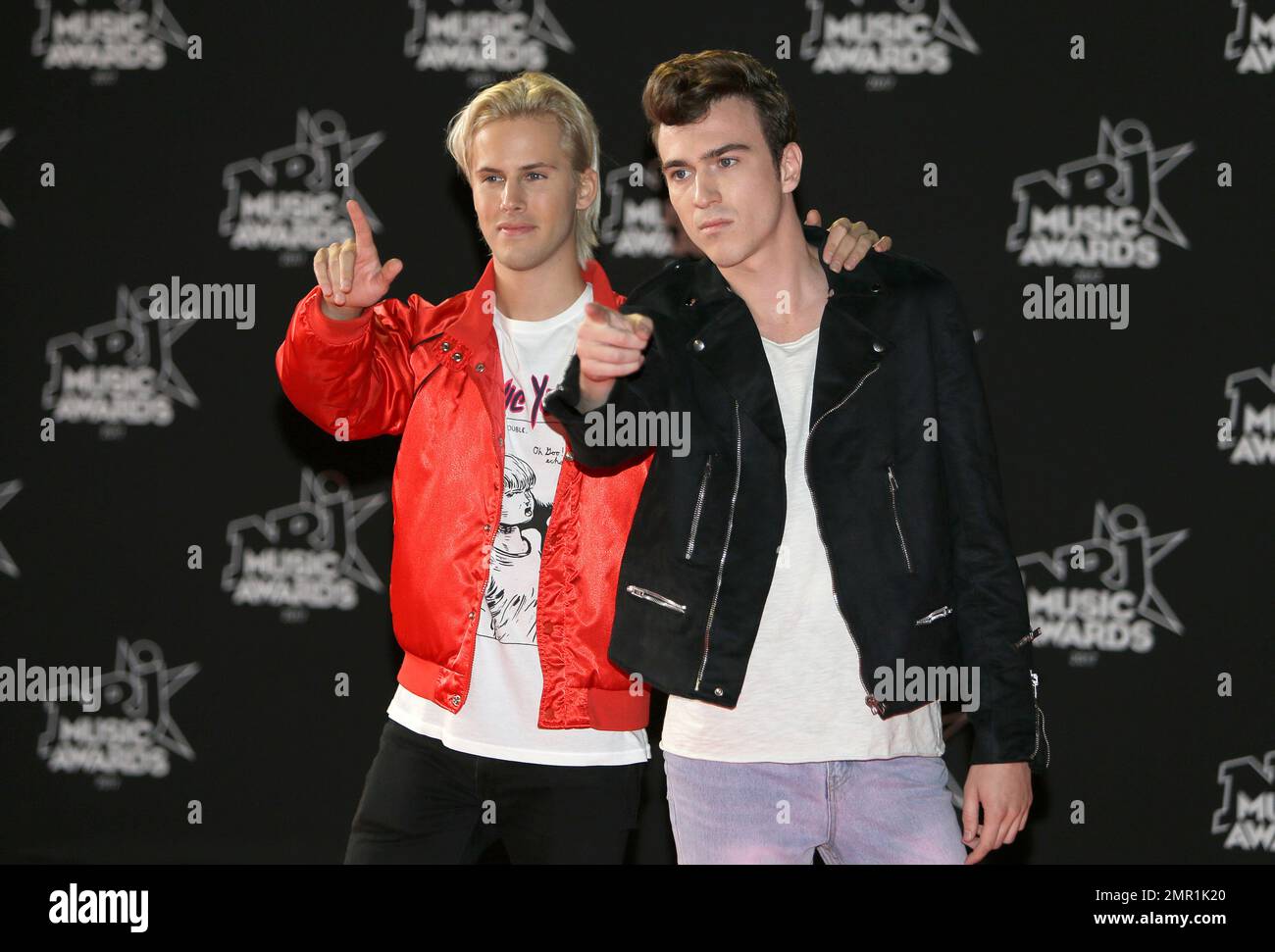 French DJ Cesar Laurent de Rummel and Dorian Lauduique of the duo Ofenbach  pose during a photocall before the NRJ Music awards ceremony, Saturday,  Nov. 4, 2017, in Cannes, southeastern France. (AP