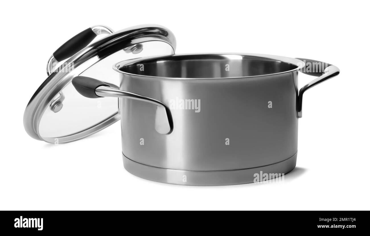 Steel pot with lid isolated on white Stock Photo - Alamy