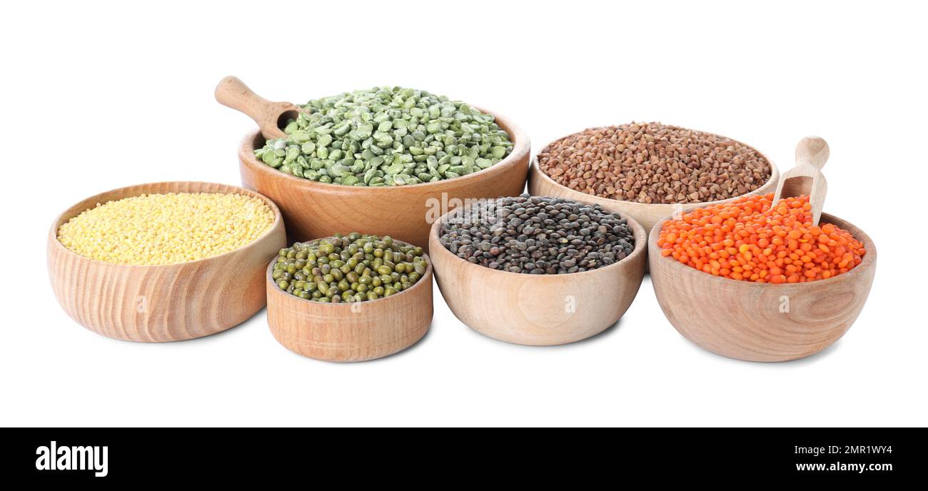 Different types of legumes and cereals on white background. Organic