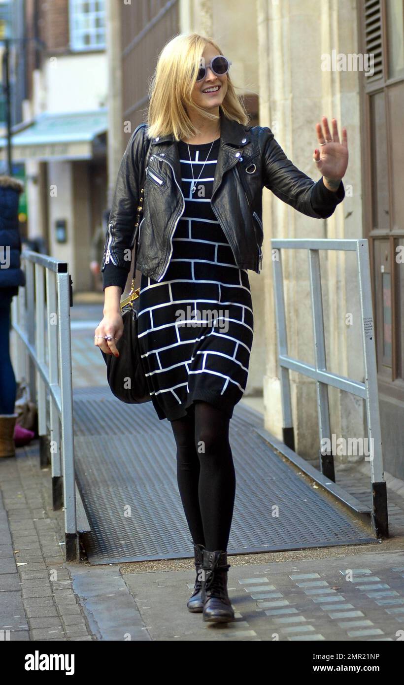 fearne cotton black dress Fearne Cotton wears a black brick-patterned dress paired with a black  leather jacket, black handbag and black boots as she leaves the BBC after  work. London, UK. 30th November 2011 Stock Photo -