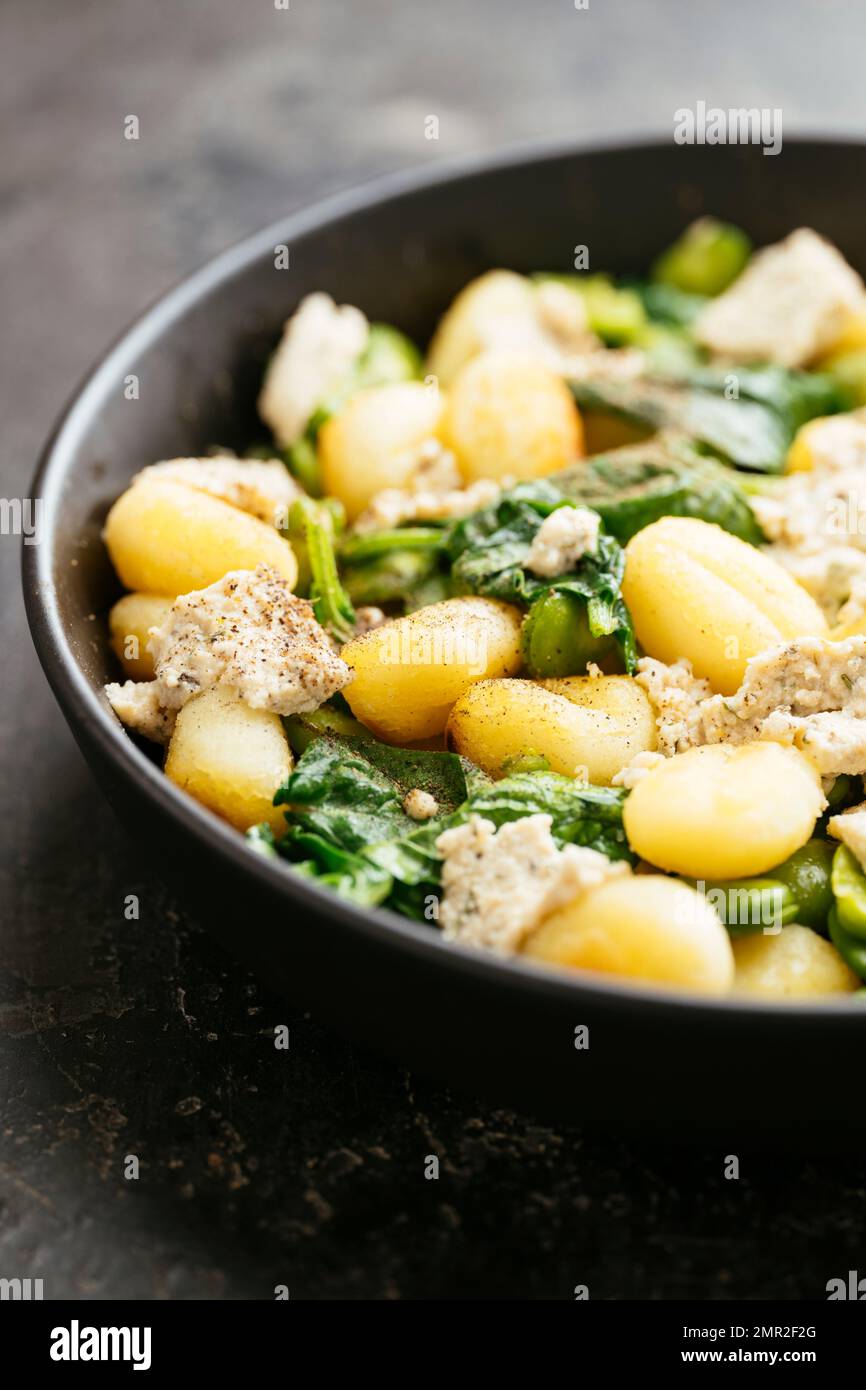 Gnocchi with Fava Beans, Spinach and Home made vegan feta cheese Stock