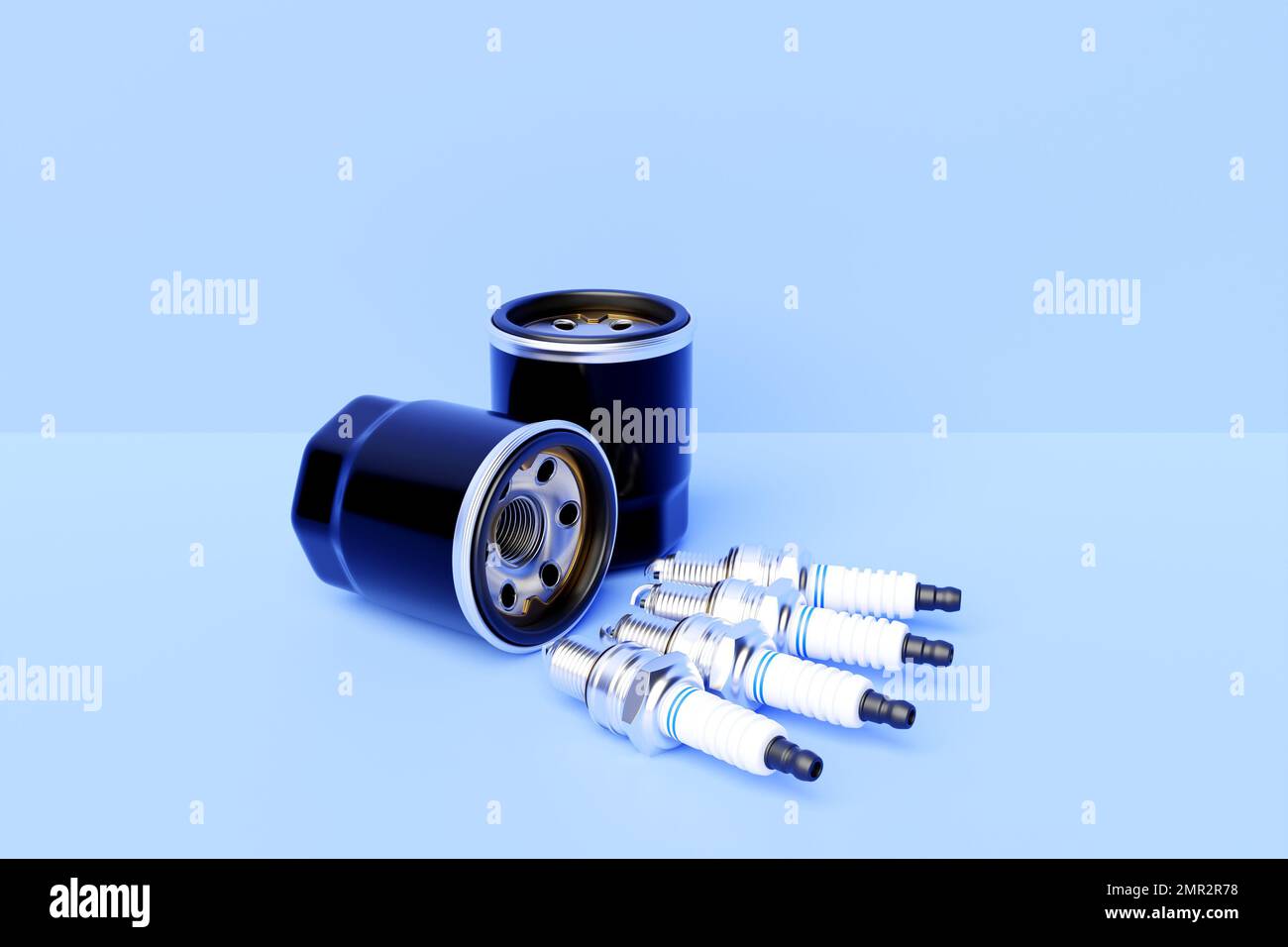 Black fuel filter car and spark plugs on blue background. 3d