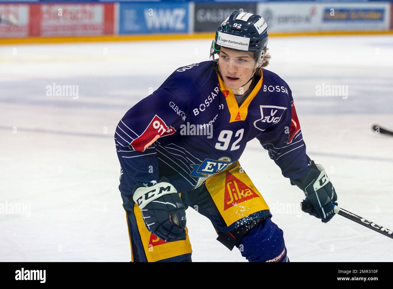 Zug. Switzerland, January 31, 2023, Tim Muggli 92 (EV Zug) during the