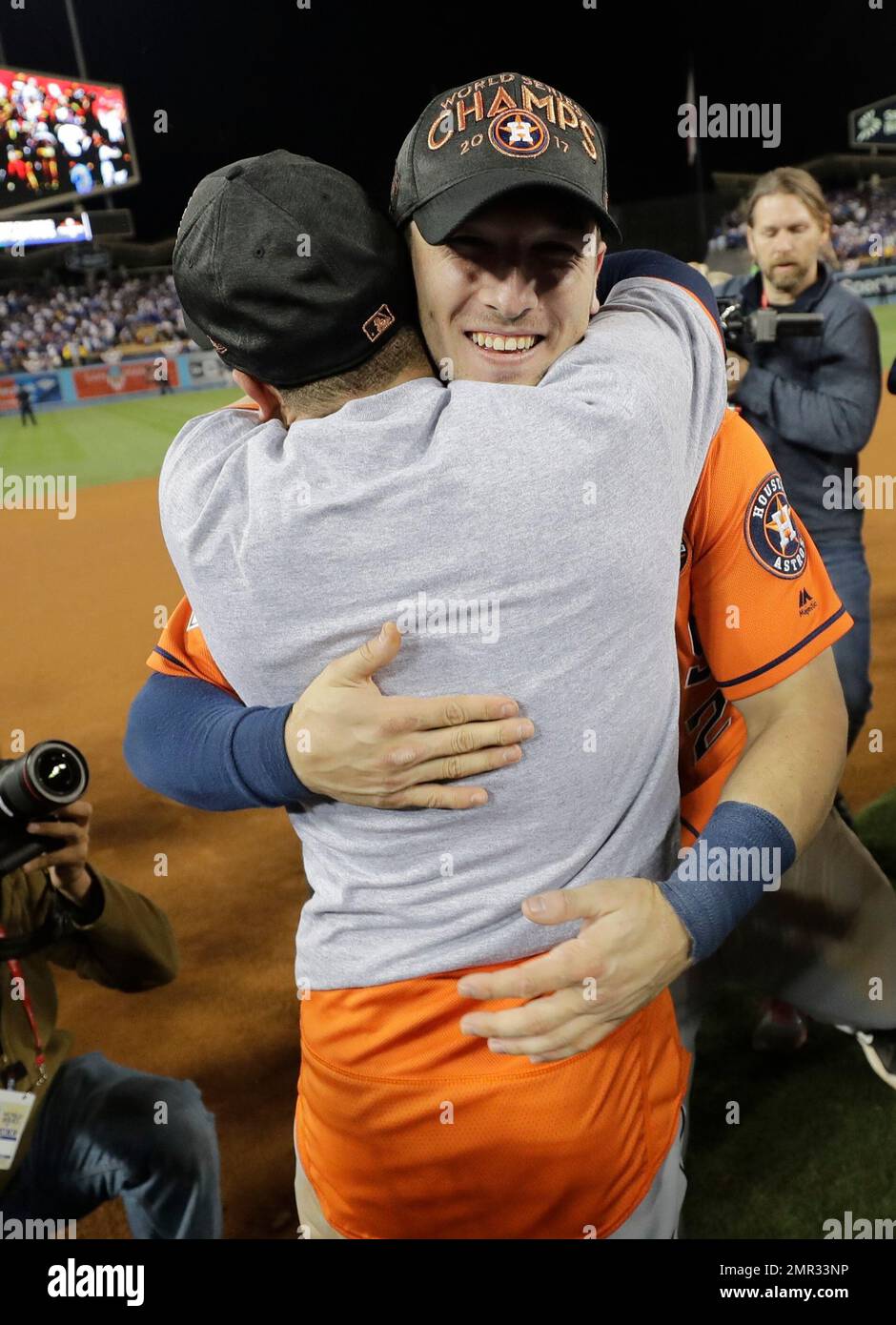 Houston Astros' Jose Altuve and Alex Bregman celebrate after Game 7 of  baseball's World Series against the Los Angeles Dodgers Wednesday, Nov. 1,  2017, in Los Angeles. The Astros won 5-1 to