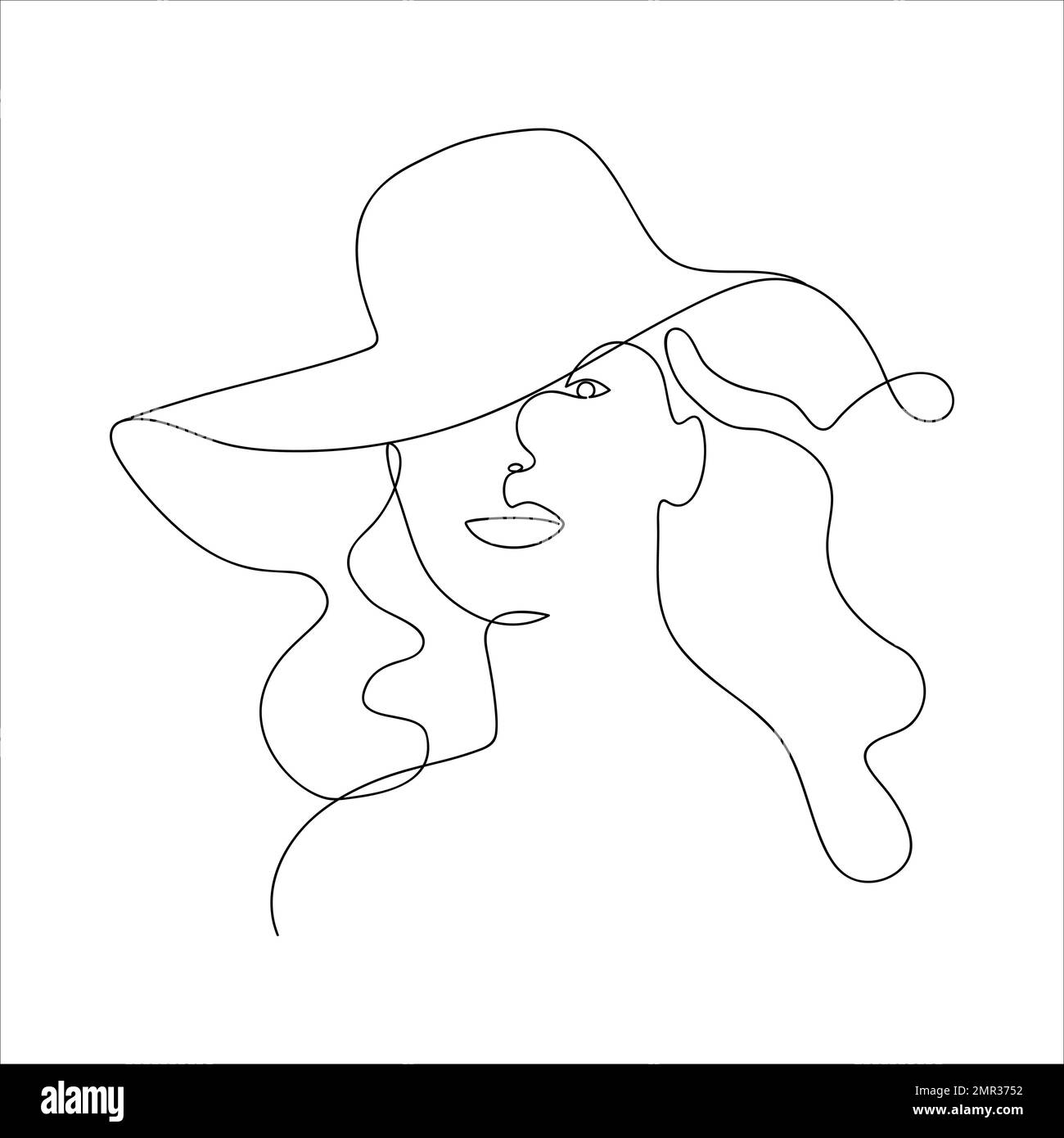 Woman in hat vector one line art. Line black and white illustration. Minimalist one line print. Beauty logo. Portrait of young lady wearing hat. Line Stock Vector