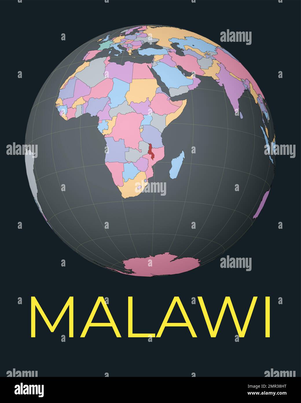 World Map Centered On Malawi Red Country Highlighted Satellite World World Map Centered On Malawi Red Country Highlighted Satellite World View Centered On The Country With Name Vector Illustration 2MR38HT 