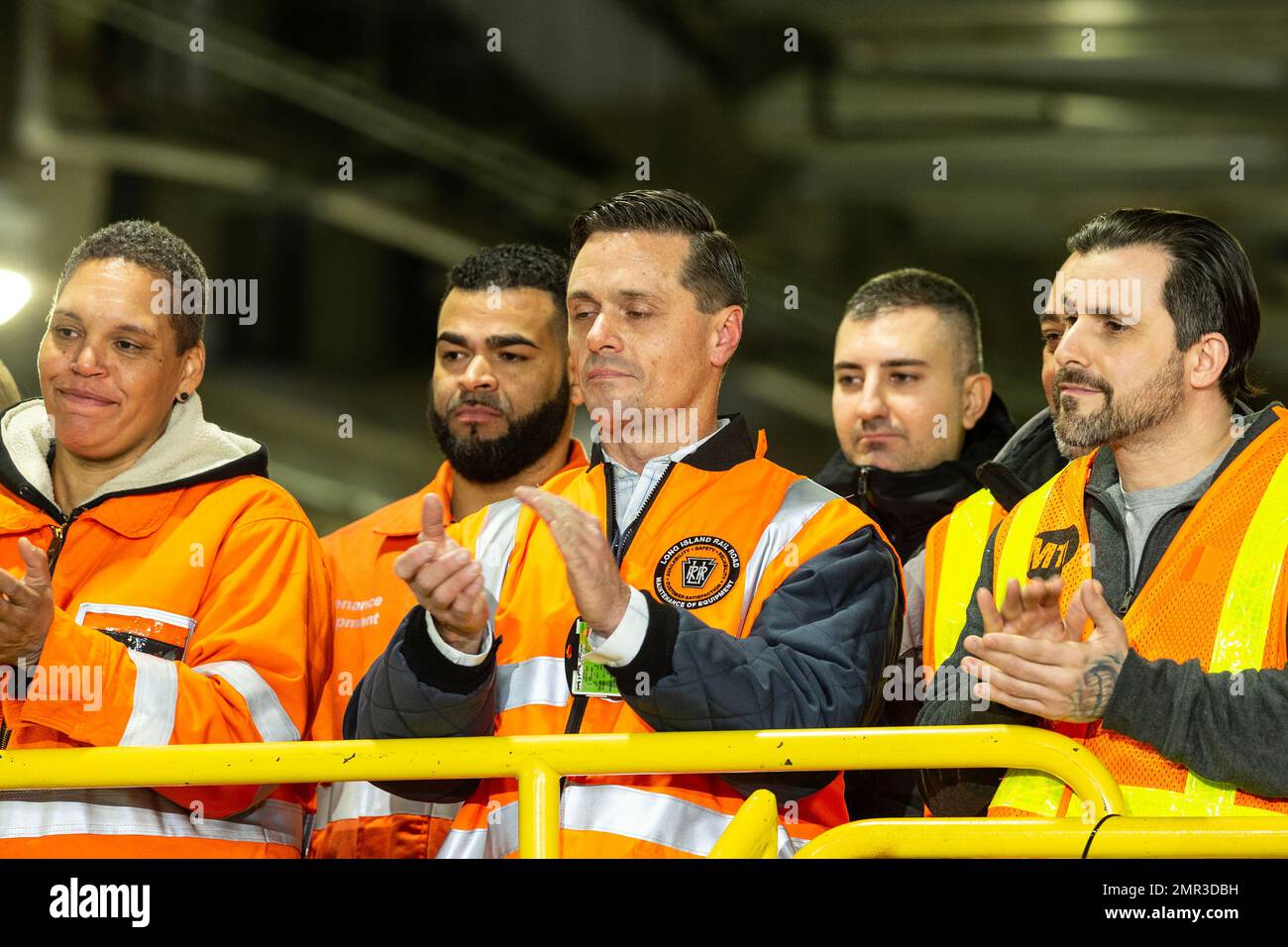 New York, USA. 31st Jan, 2023. Employees of MTA attend President Joe Biden Jr. remarks to highlight Bipartisan Infrastructure Law funding for the Hudson River Tunnel project at West Side Yard gate in New York on January 31, 2023. (Photo by Lev Radin/Sipa USA) Credit: Sipa USA/Alamy Live News Stock Photo