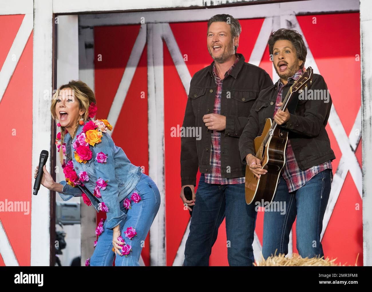 Kathie Lee Gifford dressed as Miley Cyrus, left, Blake Shelton and Hoda