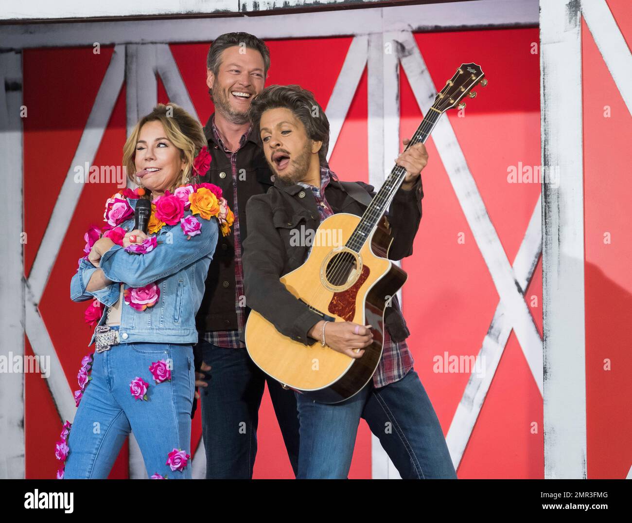 Kathie Lee Gifford dressed as Miley Cyrus, left, Blake Shelton and Hoda