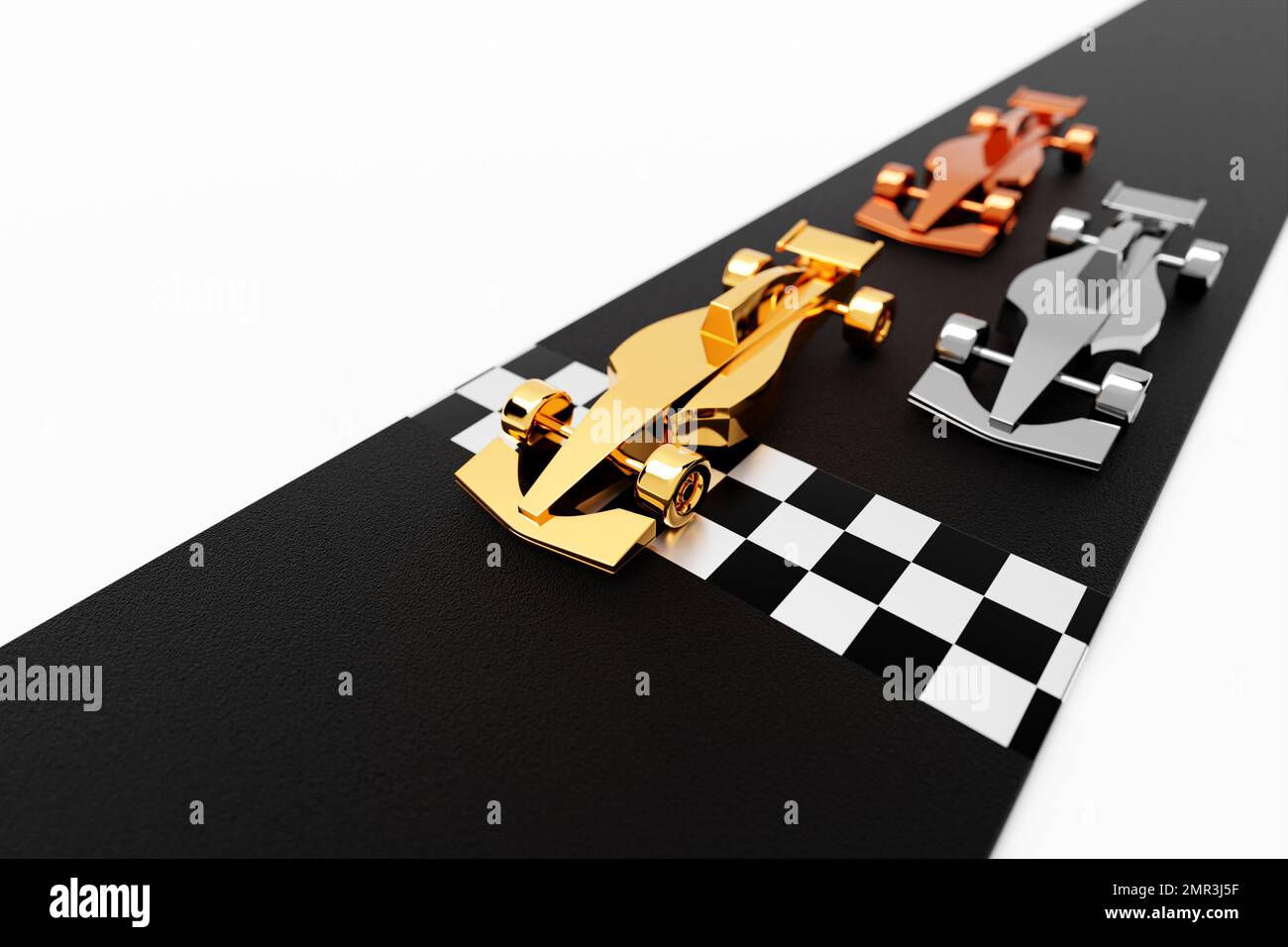 3D illustration of car racing with gold, silver, bronze children's cars ...