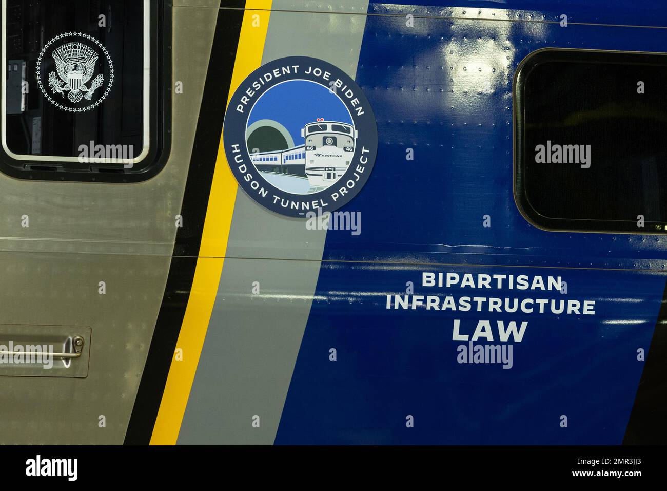 New York, USA. 31st Jan, 2023. Decorated train on display during President Joe Biden Jr. highlights Bipartisan Infrastructure Law funding for the Hudson River Tunnel project at West Side Yard gate in New York on January 31, 2023. (Photo by Lev Radin/Sipa USA) Credit: Sipa USA/Alamy Live News Stock Photo
