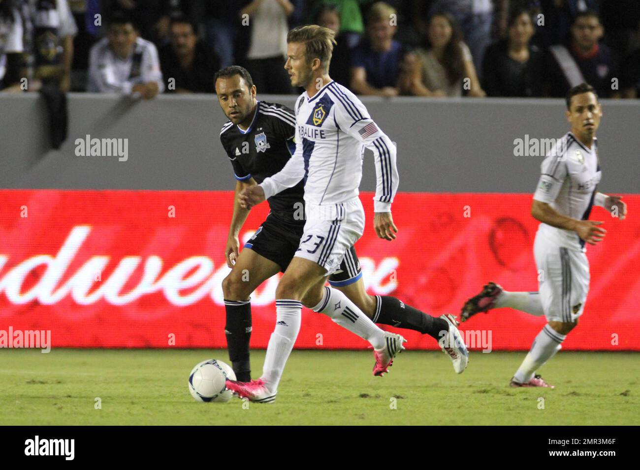 David Beckham and his LA Galaxy teammates take a 1-0 loss against the San Jose Earthquakes in the first of two playoff games at the Home Depot Center in front of a sellout crowd of 27,000. Honduran defender Victor Bernardez for San Jose stunned the Galaxy with a late goal to put San Jose a step closer to reaching the conference finals. Bernardez spent the game trying to fend off Los Angeles' galaxy of stars, including Ireland's Robbie Keane. The regular-season champions left MLS's star-studded team dismayed. Keeping L.A.(16-12-6) out of the net wasn't easy. Keane hit the crossbar with a danger Stock Photo