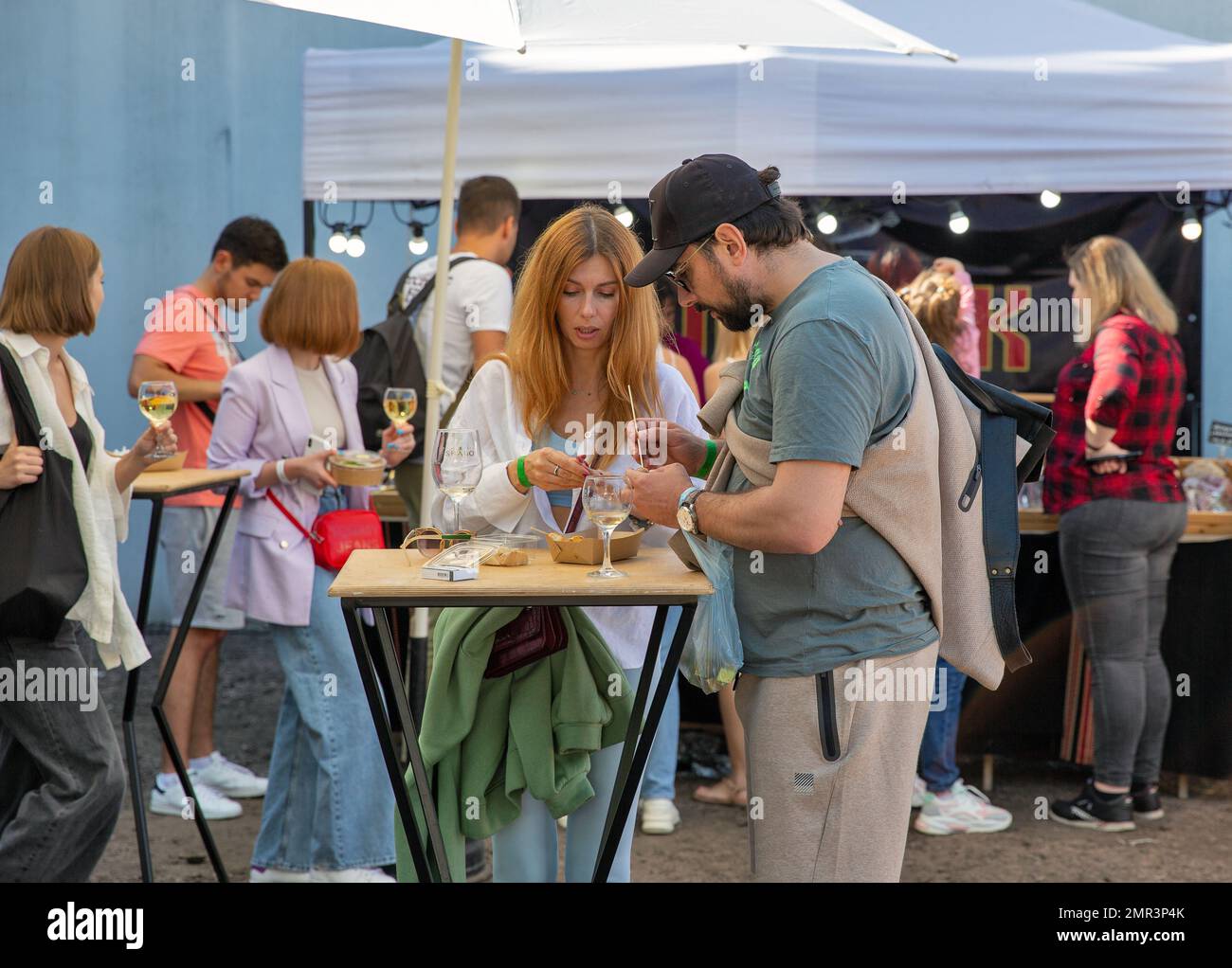 Kyiv, Ukraine - June 06, 2021: People visit food court at Food and Wine Fest. Stock Photo