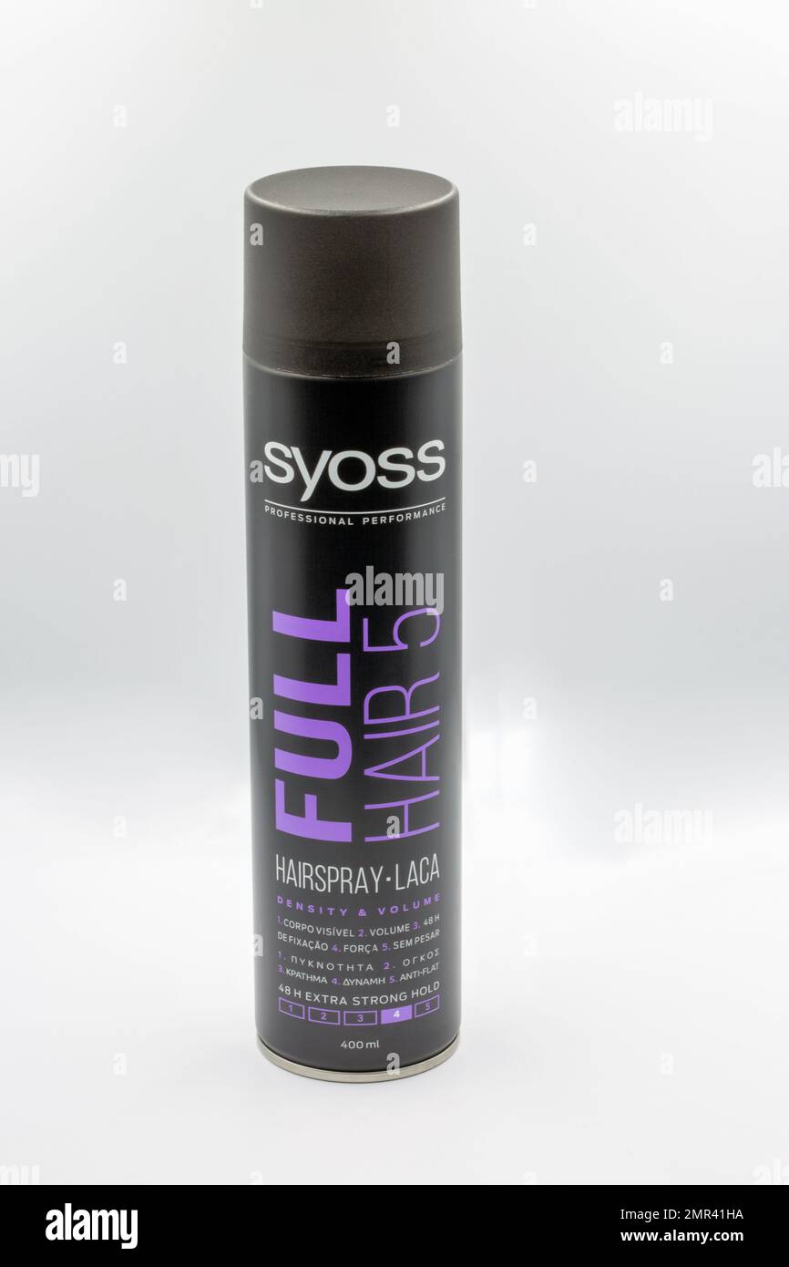 Kyiv, Ukraine - October 02, 2021: Studio shot of Syoss Full Hair 5 professional hair care hairspray cosmetic closeup against white. It is a known bran Stock Photo