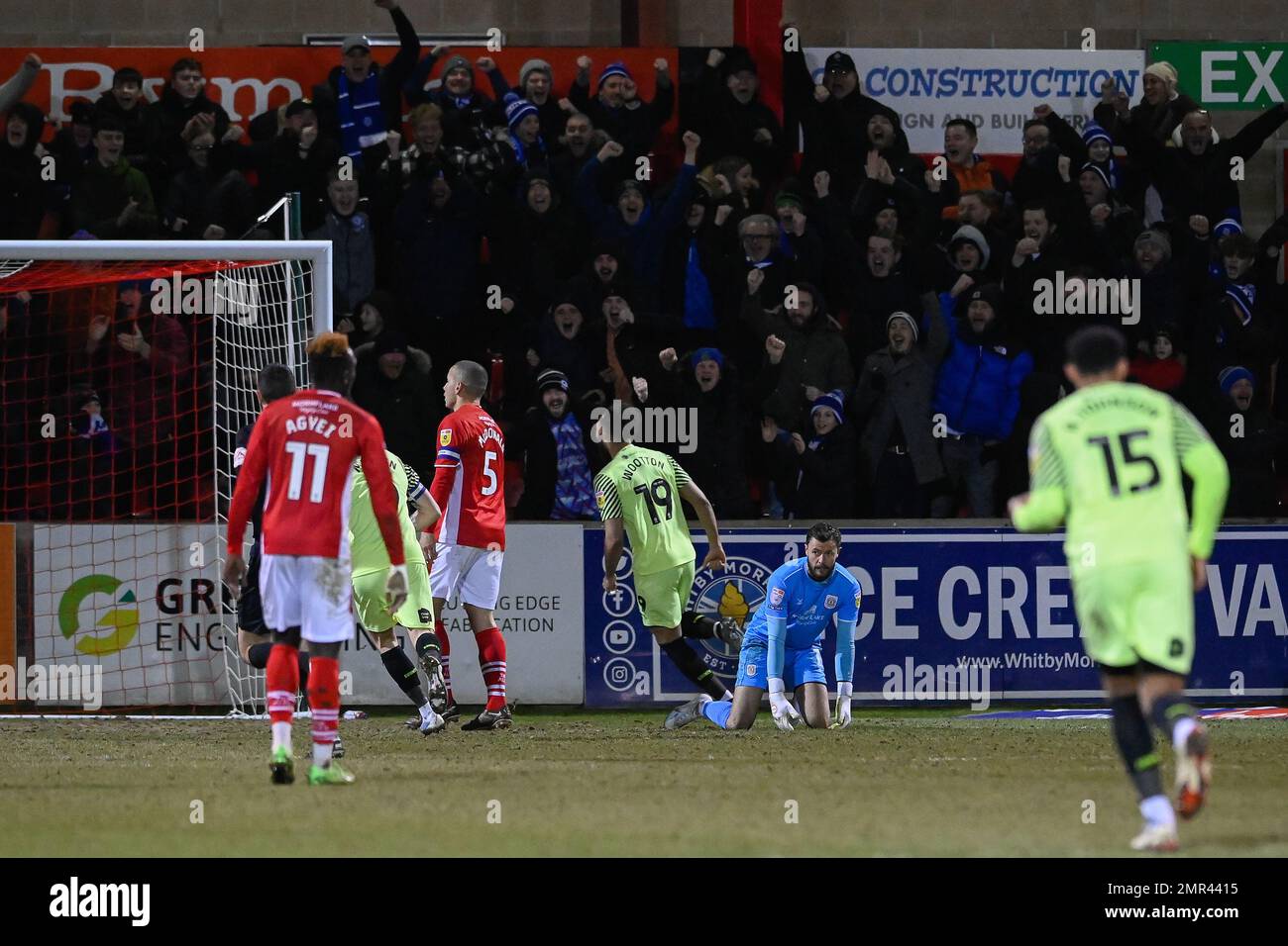 Kyle Wootton 19 of Stockport County scores to make it 11during the Sky Bet League 2 match