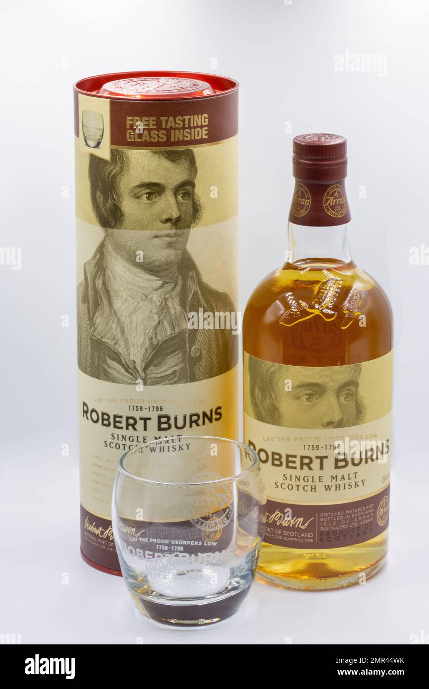 Kyiv, Ukraine - December 26, 2021: Studio shoot of Robert Burns Single Malt Scotch Whisky bottle, glass and box closeup on white. It is named after th Stock Photo