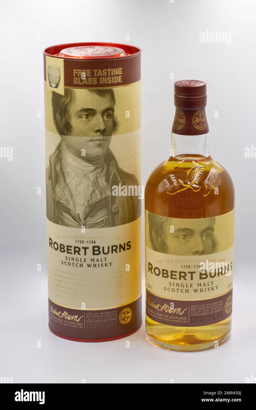 Kyiv, Ukraine - December 26, 2021: Studio shoot of Robert Burns Single Malt Scotch Whisky bottle and box closeup on white. It is named after the famou Stock Photo