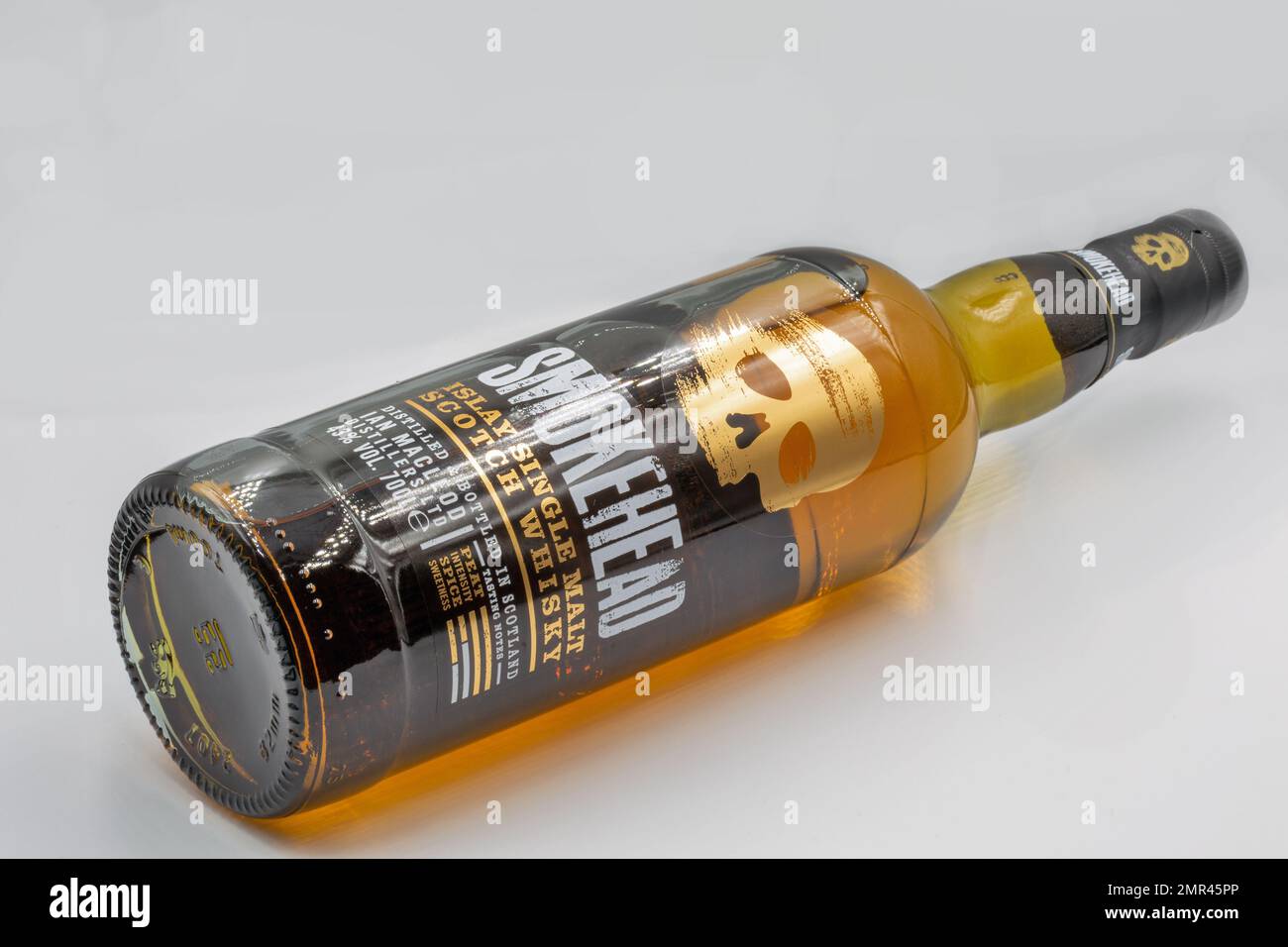 Kyiv, Ukraine - December 26, 2021: Smokehead Islay single malt Scotch whisky bottle closeup on white. Stock Photo