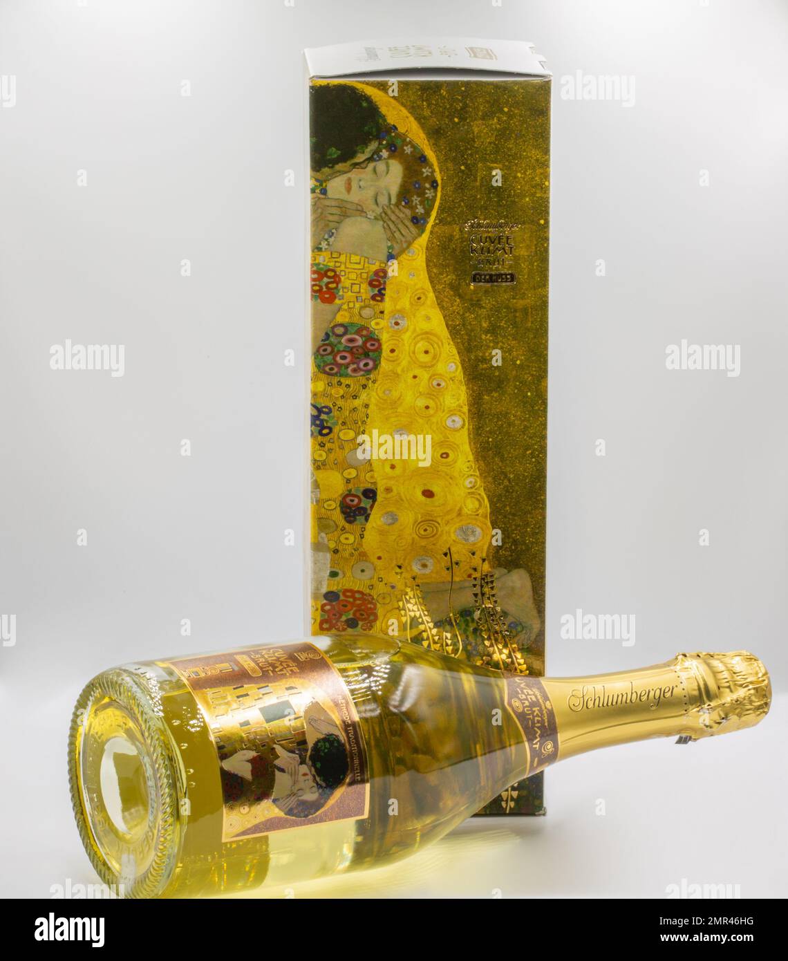 Kyiv, Ukraine - April 29 2022: Studio shoot of Schlumberger Cuvee Klimt brut sparkling wine bottle and box closeup on white. On the label famous pictu Stock Photo