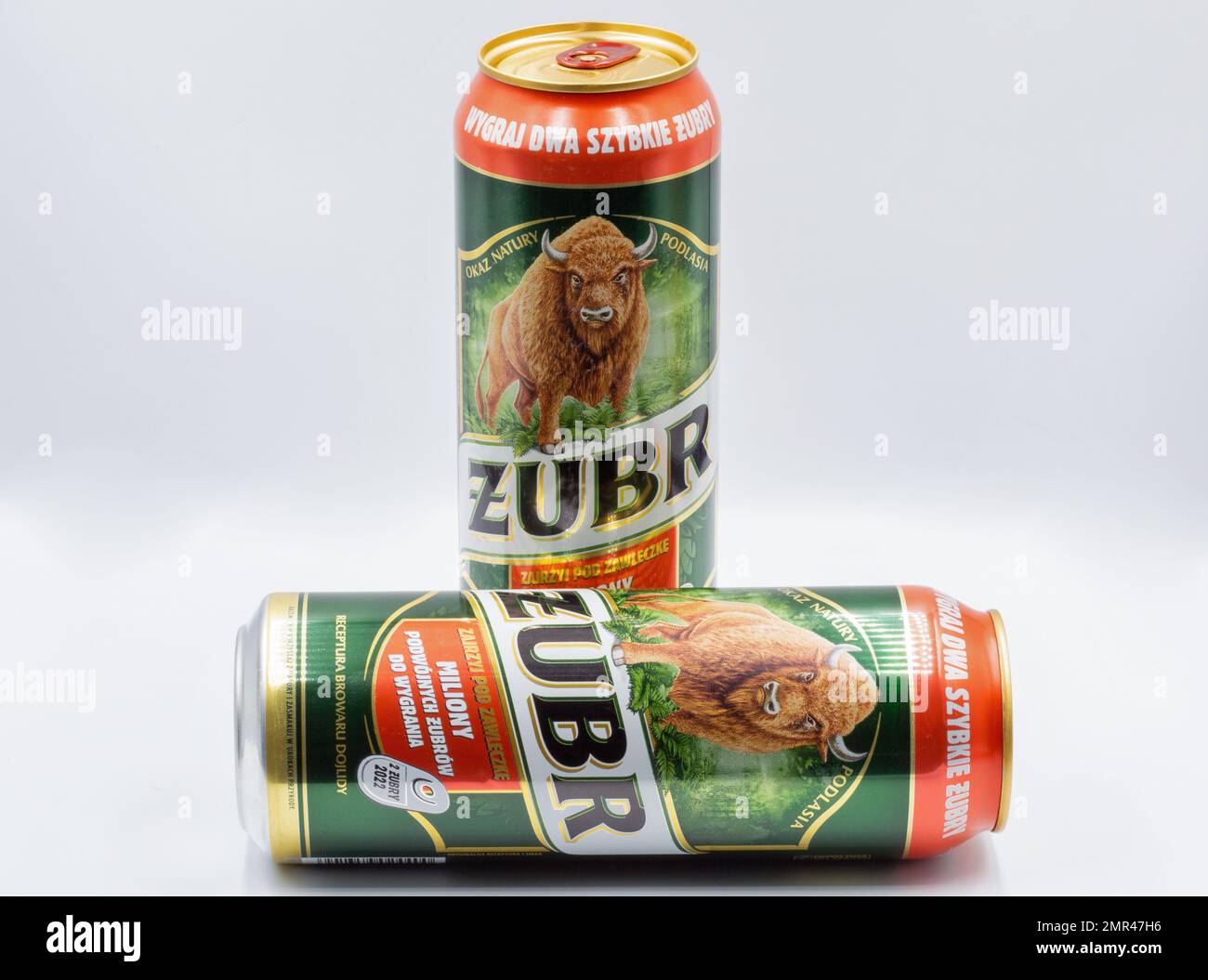 Kyiv, Ukraine - June 01, 2022: Studio shoot of Zubr Polish lager beer cans closeup on white. Beer is brewed by Kompania Piwowarska SA. Zubr since the Stock Photo
