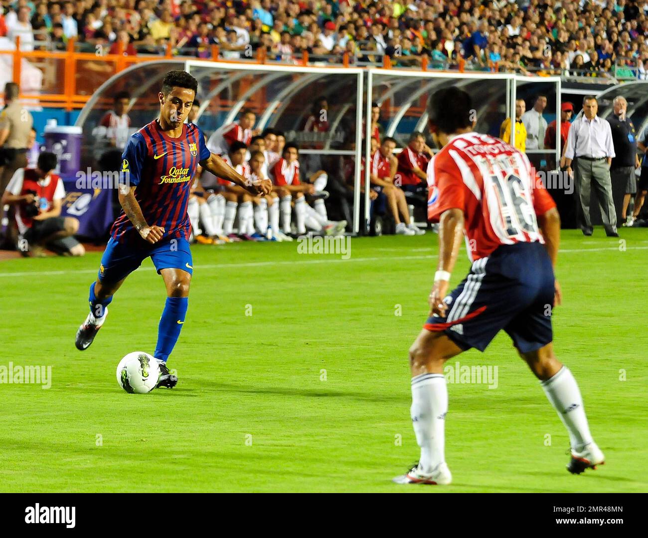 Shakira's boyfriend Gerard Pique (#3) plays with FC Barcelona in its match with CD Guadalajara during the Herbalife World Football Challenge match at Sun Life Stadium in Miami, FL. 3rd August 2011.   . Stock Photo