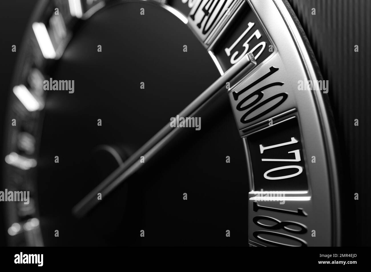 3D illustration close up black car panel, digital bright speedometer