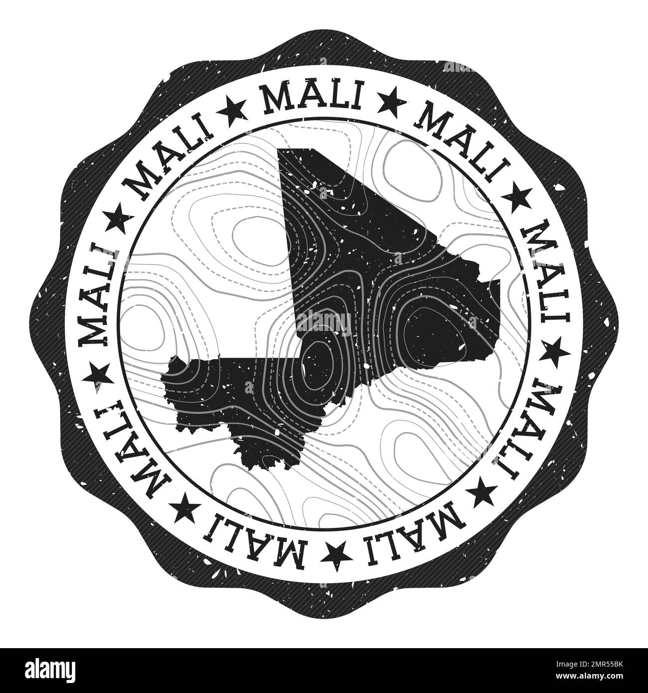 Mali Map Sticker Mali outdoor stamp. Round sticker with map of country with topographic ...