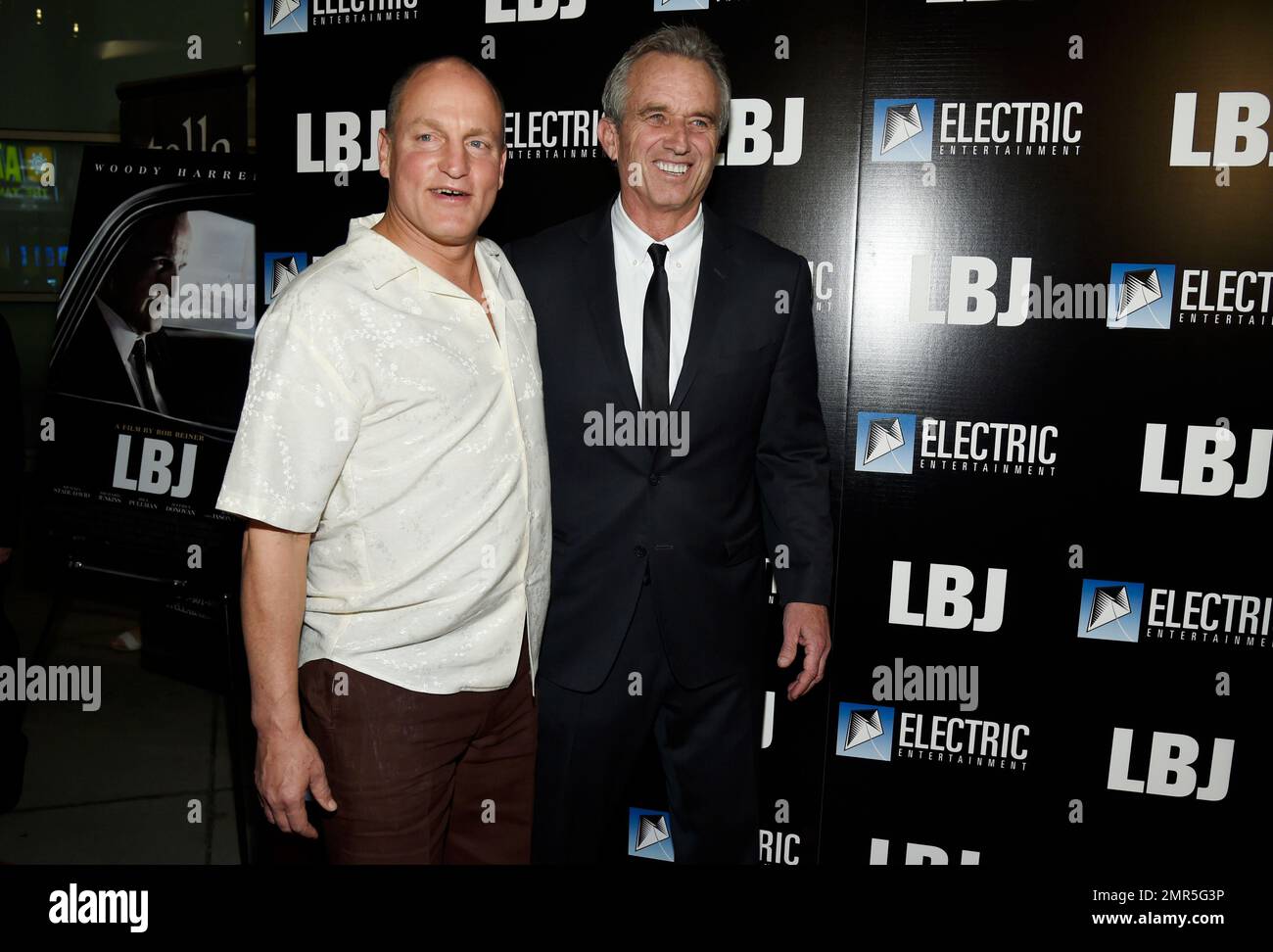 Woody Harrelson, left, the star of "LBJ," poses with Robert F. Kennedy Jr. on the red carpet at
