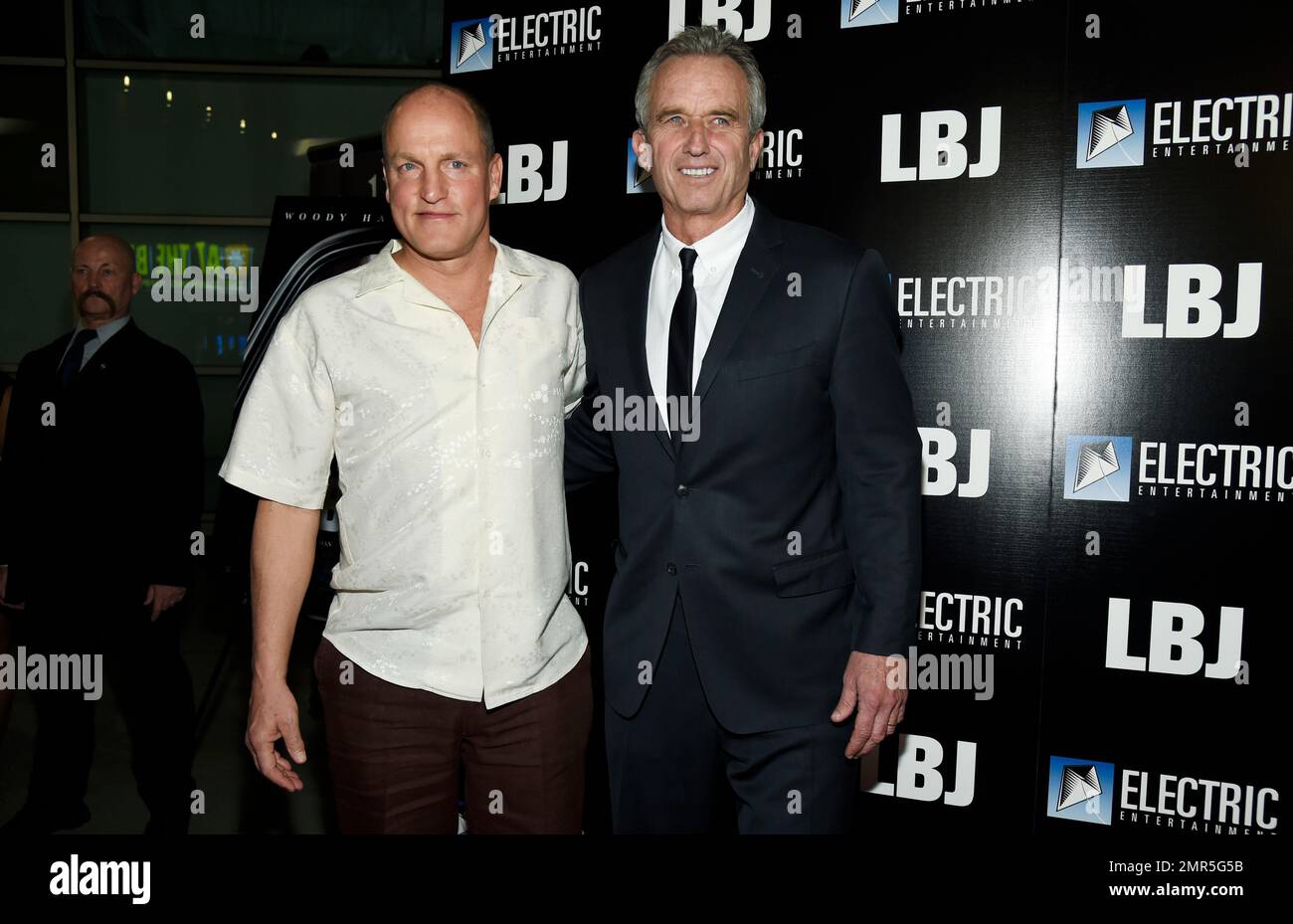 Woody Harrelson, left, the star of "LBJ," poses with Robert F. Kennedy