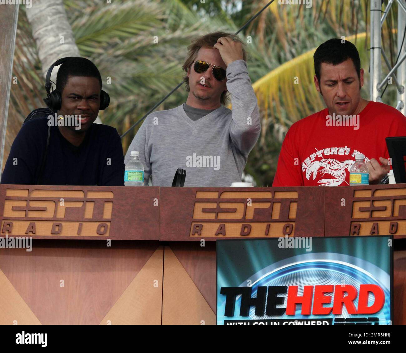 'Grown Ups' cast Adam Sandler, Chris Rock, David Spade, Kevin James and Rob Schneider are interviewed on ESPN Radio in Miami Beach, FL. 2/5/10. Stock Photo