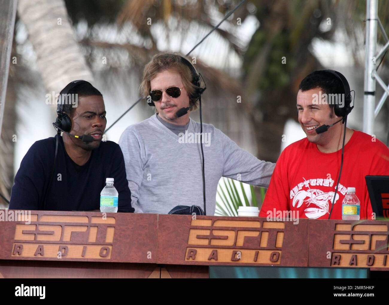 'Grown Ups' cast Adam Sandler, Chris Rock, David Spade, Kevin James and Rob Schneider are interviewed on ESPN Radio in Miami Beach, FL. 2/5/10.   . Stock Photo