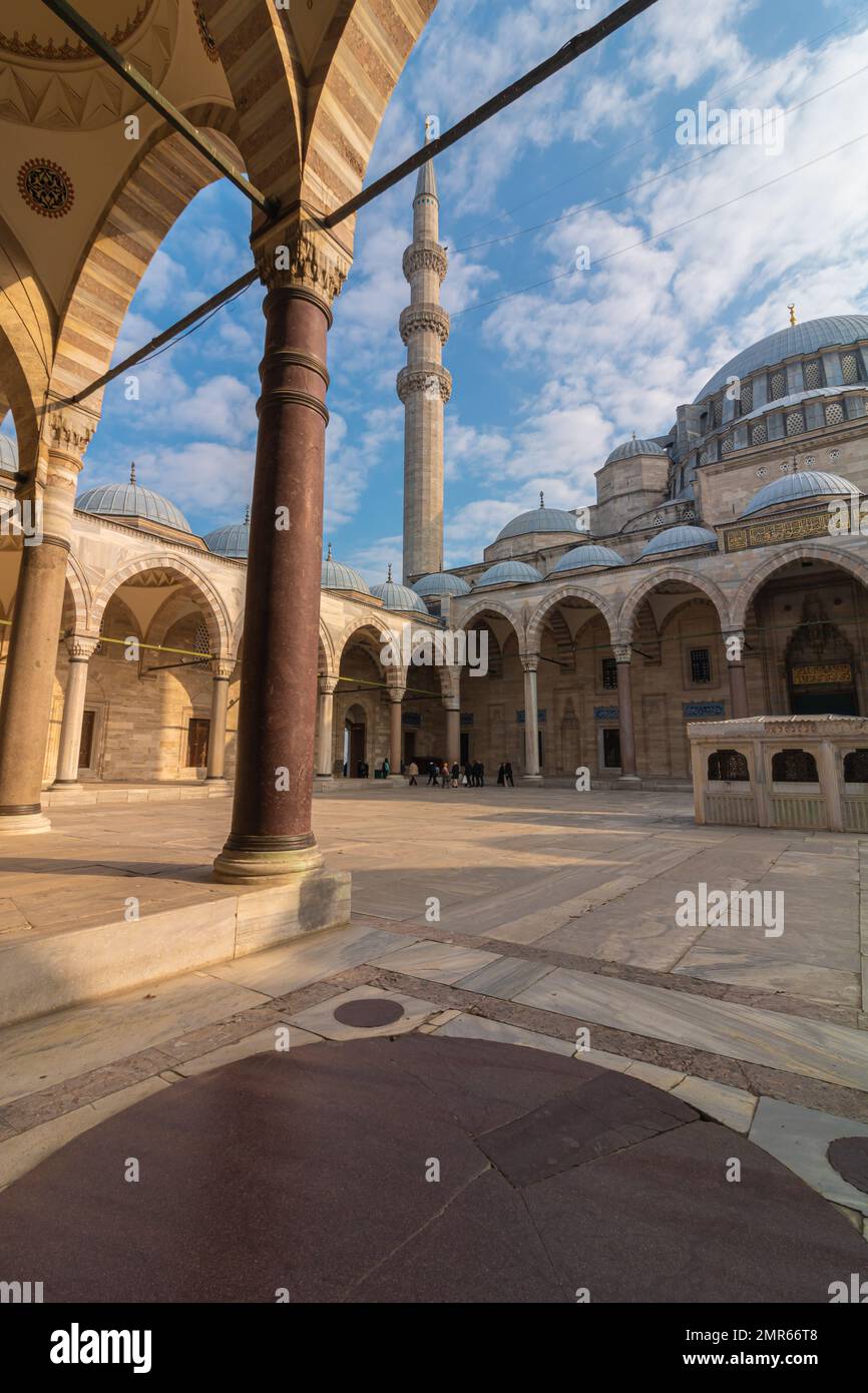 Suleymaniye Mosque view from courtyard. Travel to Istanbul background photo. Istanbul Turkiye - 12.23.2022 Stock Photo