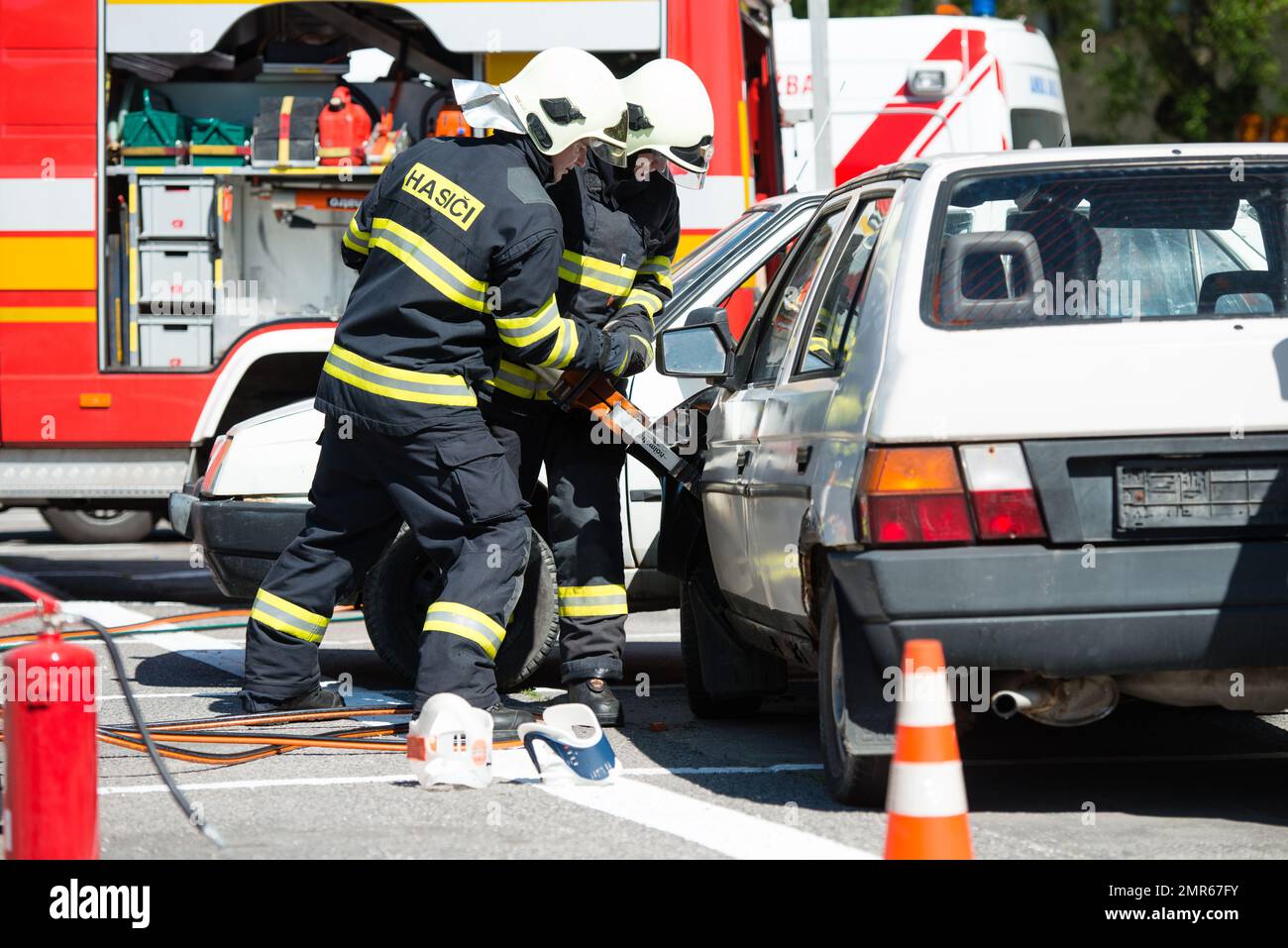 PEZINOK, SLOVAKIA - MAY 4, 2014: Search and rescue operation during simulated car accident in Pezinok, Slovakia Stock Photo