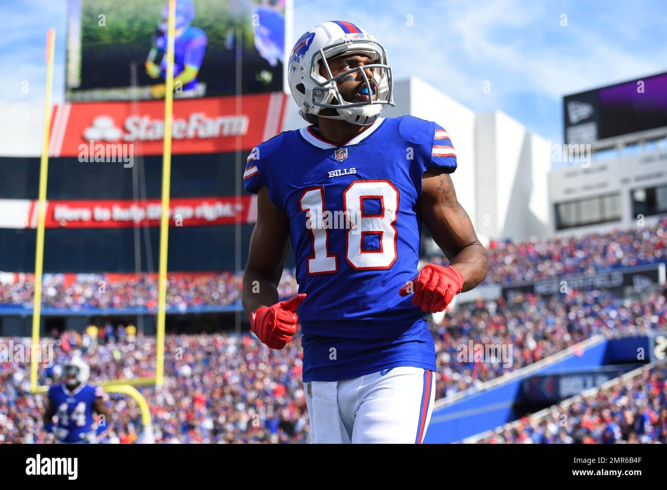 FILE - In this Nov. 25, 2018, file photo, Buffalo Bills' Andre Holmes runs  a route during the first half of an NFL football game, in Orchard Park,  N.Y. The Denver Broncos