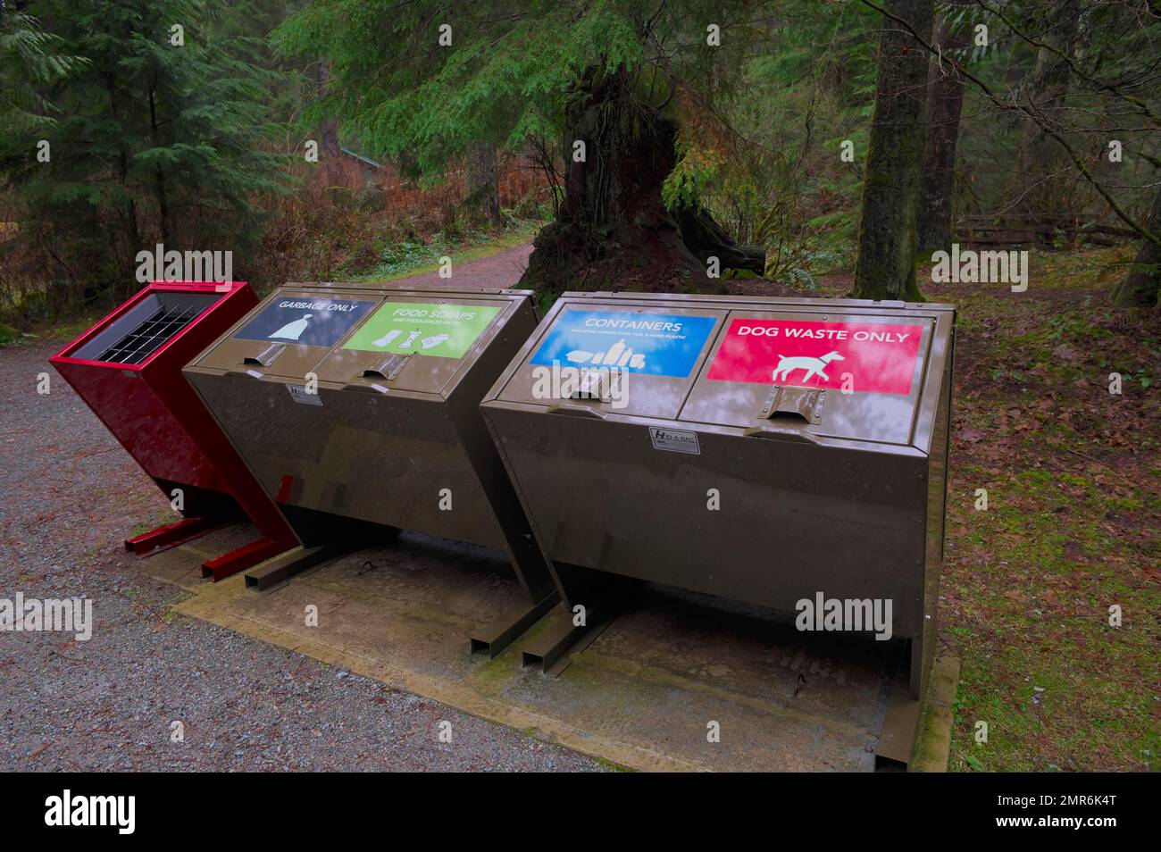 Metal, bear-proof refuse containers at a trailhead in Kanaka Creek Regional Park - Pacific Northwest - Maple Ridge, B. C., Canada. Stock Photo